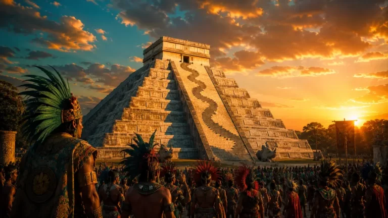 A Mayan city at Chichen Itza with a stepped pyramid, crowds, warriors, and a vivid sunset sky.