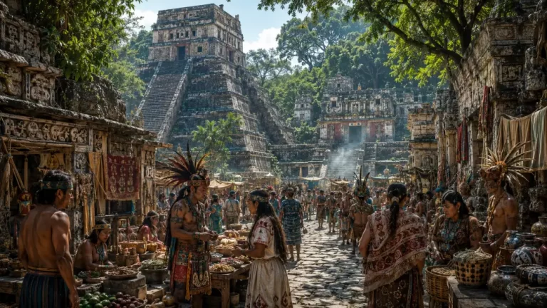 Busy Mayan marketplace beside stepped pyramids in a jungle city.