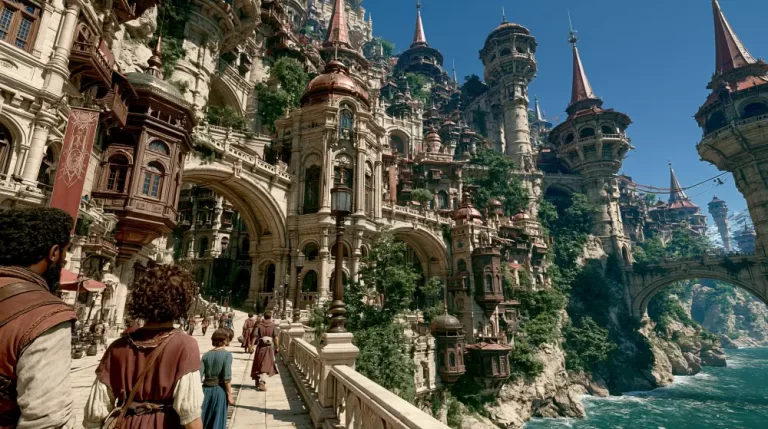 Several travelers walk on a stone path looking up at a sprawling gothic palace with red pointed towers built onto a steep ocean cliff