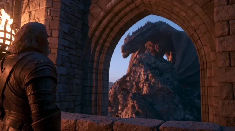 An armored warrior looks out from a stone archway at a massive black dragon perched on a nearby rocky cliff