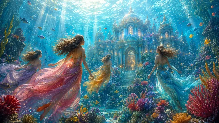 Mermaids swimming through a bright coral palace garden with flowing dresses, flowers, fish, and sunbeams underwater.