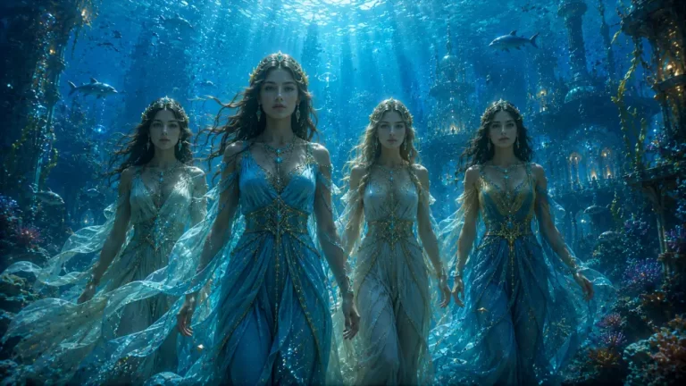 Four mermaids stand together in a glowing underwater kingdom surrounded by fish, coral, and blue light.