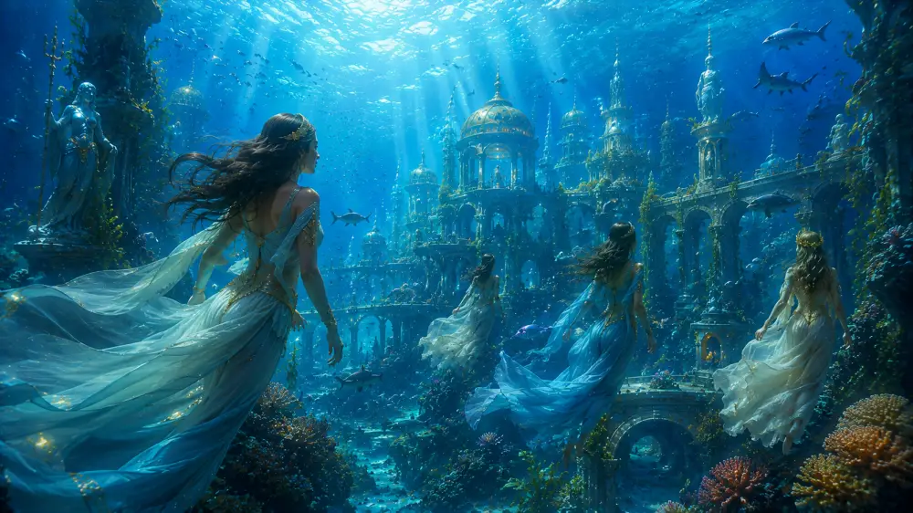 Mermaids swim through glowing underwater palace ruins surrounded by coral, fish, and blue sunbeams.
