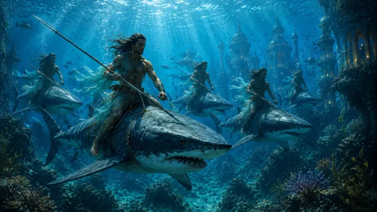 Mermaid warriors riding large sharks through blue underwater ruins with spears, coral, and sunbeams from the surface.