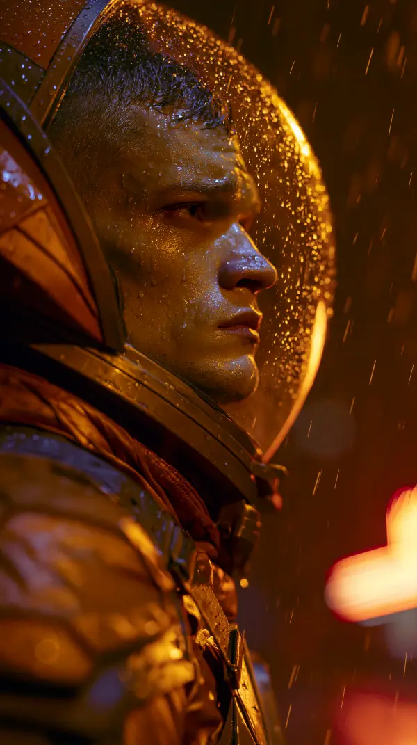 Close-up portrait of a retro-futuristic astronaut standing in the rain beneath warm neon lights during an atomic-noir night.
