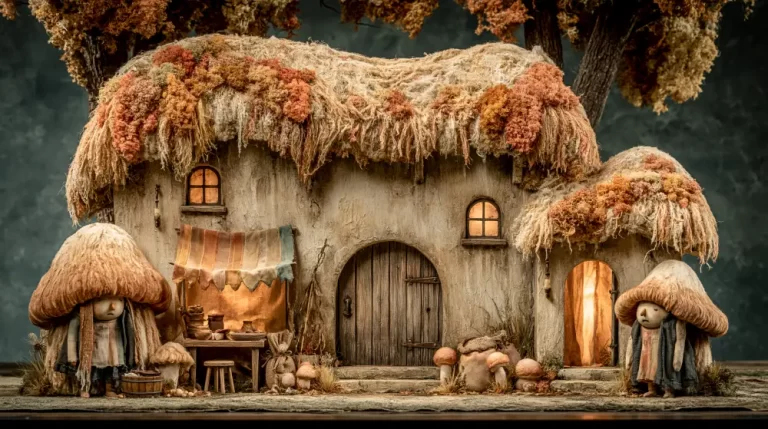 A small handmade fantasy cottage with a thatched moss roof and two little mushroom people standing near an outdoor market stall