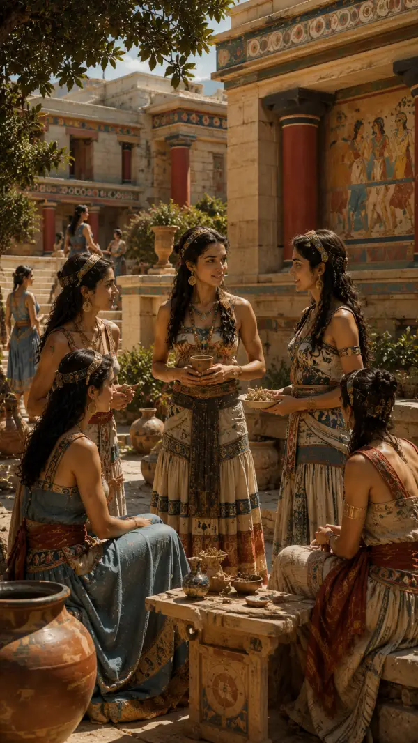 Elegantly dressed Minoan women gather in the sunlit courtyard of the Palace of Knossos in ancient Crete.