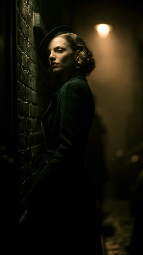 A mysterious woman in vintage dieselpunk clothing standing in a dimly lit foggy alley beneath a streetlamp.