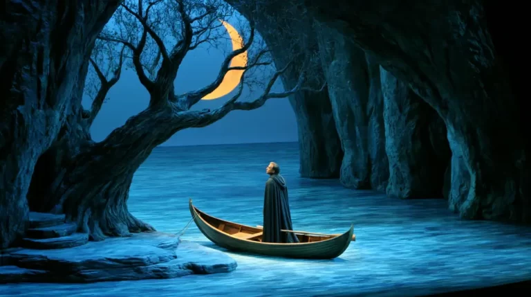 A cloaked man stands in a small wooden boat inside a dark rocky sea cave looking up at a bright crescent moon behind a twisted tree
