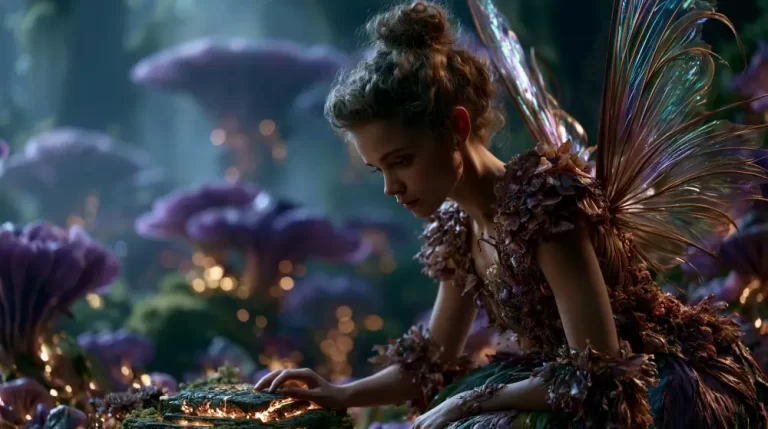 A young mythical fairy with iridescent translucent wings looks down thoughtfully while touching a glowing cracked stone in a purple mushroom forest