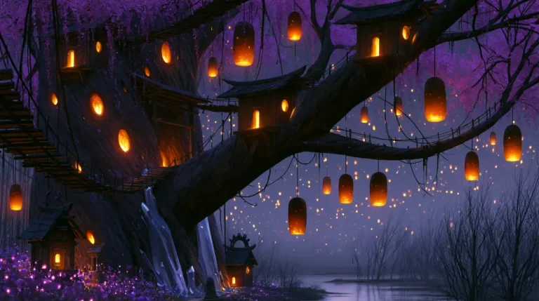 A majestic ancient tree holding small wooden houses and numerous glowing orange paper lanterns over a calm river at night