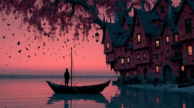 A lone silhouette stands on a small wooden boat near a cluster of old European style buildings under a pink twilight sky