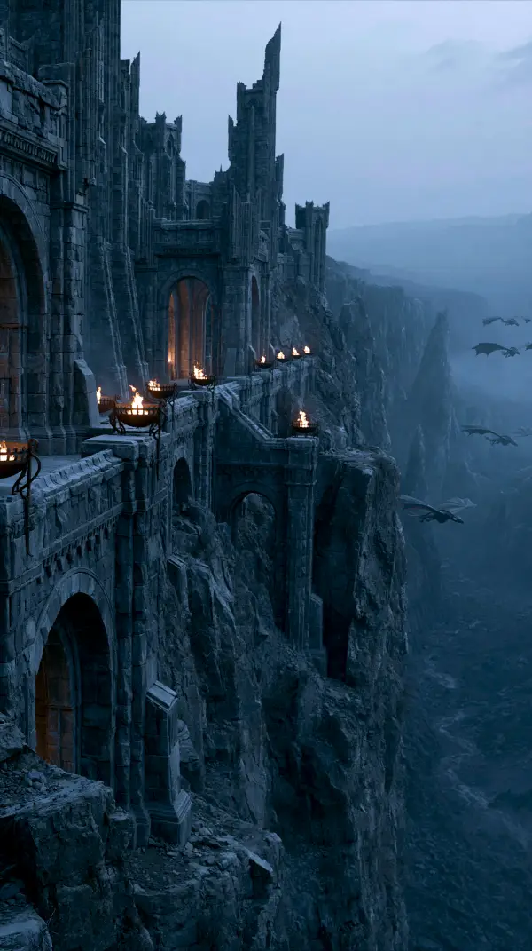 A colossal mountain citadel stands atop towering cliffs while dragons glide through a vast misty canyon beneath ancient stone walls.