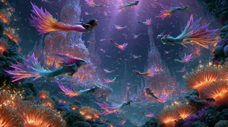 A school of glowing, multi-colored fantasy sea creatures swimming near an underwater coral castle.