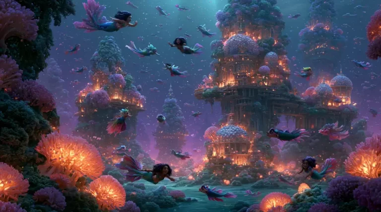 A vibrant underwater city made of glowing coral structures with numerous mermaids swimming around.