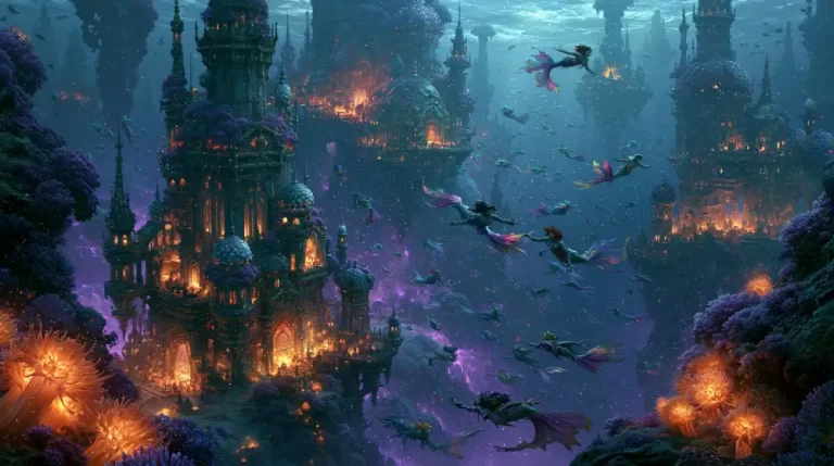 A majestic underwater kingdom with gothic-style castle towers lit with golden light and mermaids swimming by.