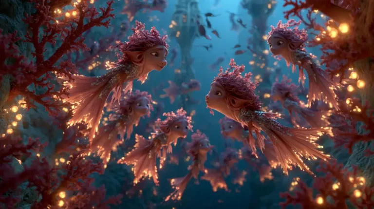 A school of small coral-like mythical creatures swimming together through a glowing deep-sea environment.