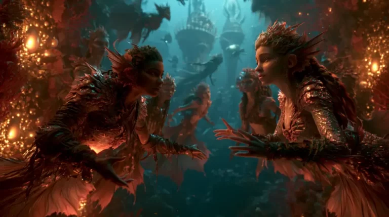 Two mermaids facing each other in a glowing underwater coral city surrounded by other marine beings.