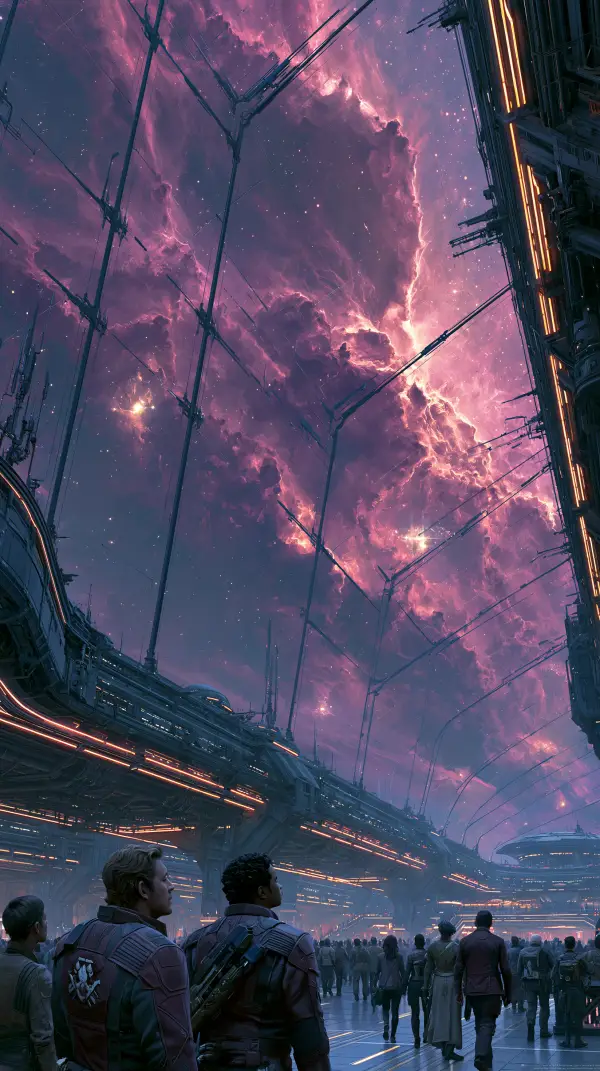 Crowds gather inside a vast futuristic transit concourse while watching a brilliant glowing nebula through an enormous transparent ceiling.