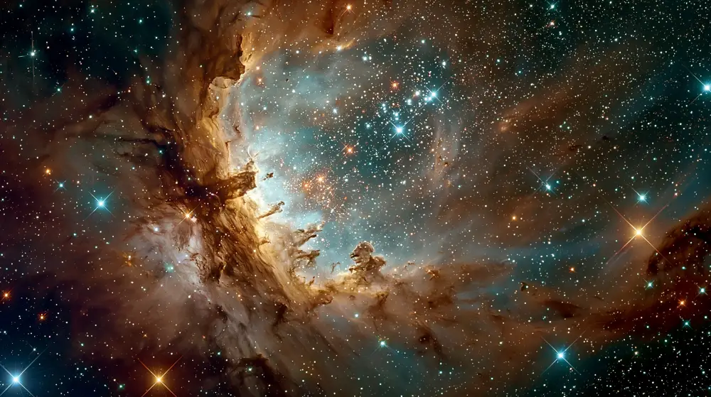 A panoramic deep space view of towering cosmic dust pillars within a nebula surrounded by a dense cluster of bright stars.