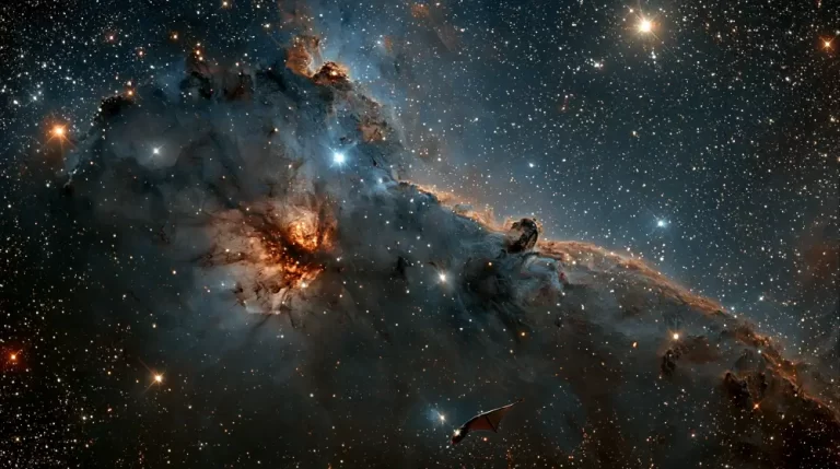 A wide panoramic deep space view of a massive dark blue nebula wall illuminated by golden stellar nurseries and bright stars.