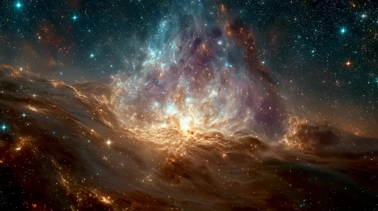 A massive glowing nebula with a bright central stellar core illuminating towering dust clouds and stars.