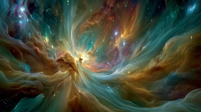 A magnificent view of swirling teal, orange, and purple cosmic gas clouds with bright newborn stars in deep space.