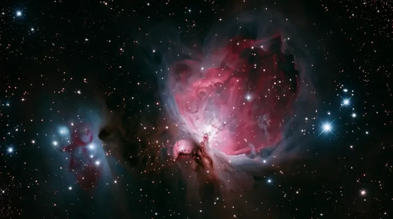The majestic Orion Nebula glowing with vibrant pink and deep red dust clouds surrounded by bright young stars.