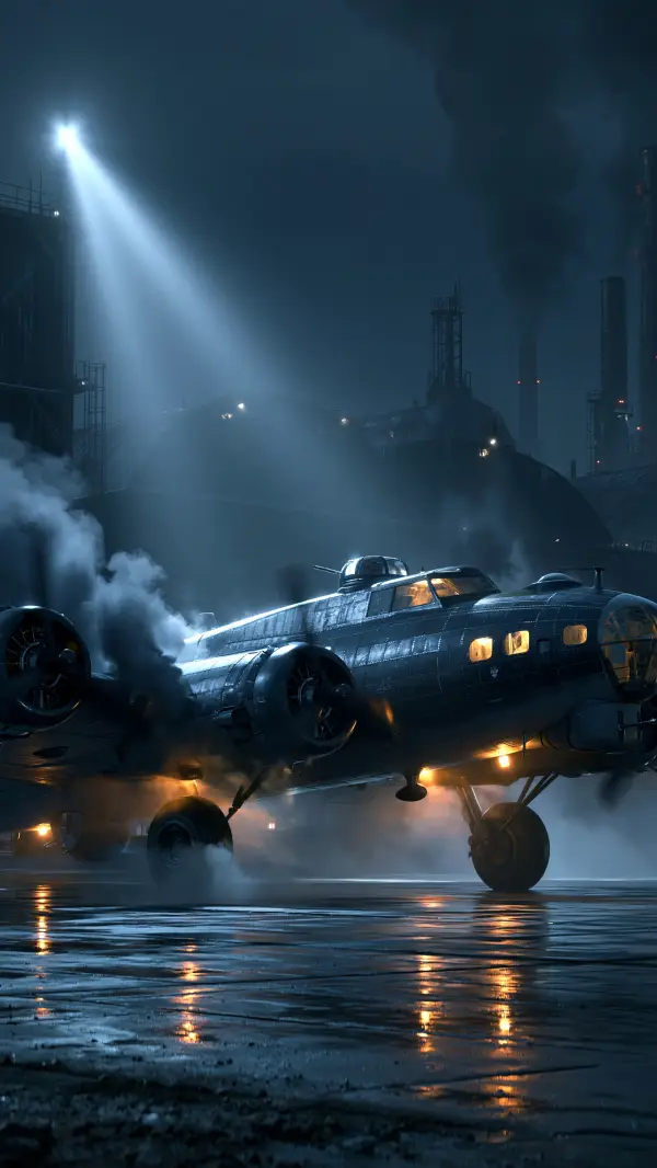A vintage dieselpunk bomber aircraft idles on a rain-soaked industrial airfield beneath powerful searchlights and factory smokestacks.