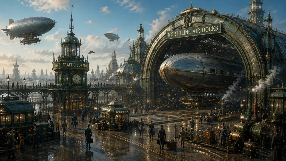 A panoramic dieselpunk air dock scene with an air traffic control tower, an ornate ticket office, and zeppelins docked under a massive steel arch.