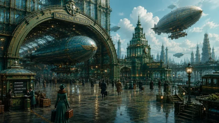 A bustling dieselpunk air docks station with a massive green steel archway, passengers holding luggage, and large zeppelins floating in the sky.