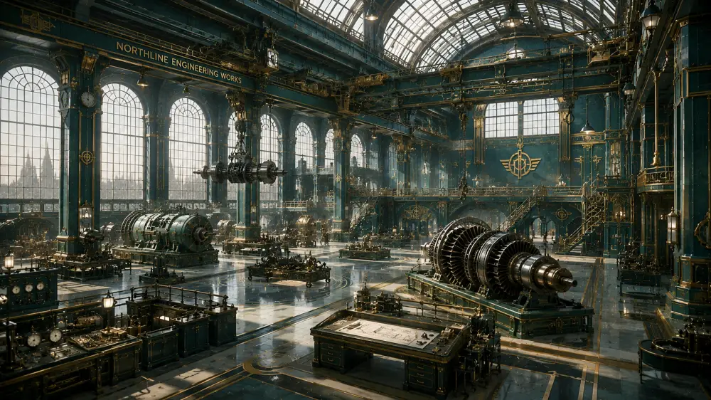 A vast dieselpunk industrial hall with ornate green iron columns, large arched windows, massive power turbines, and complex control workstations.