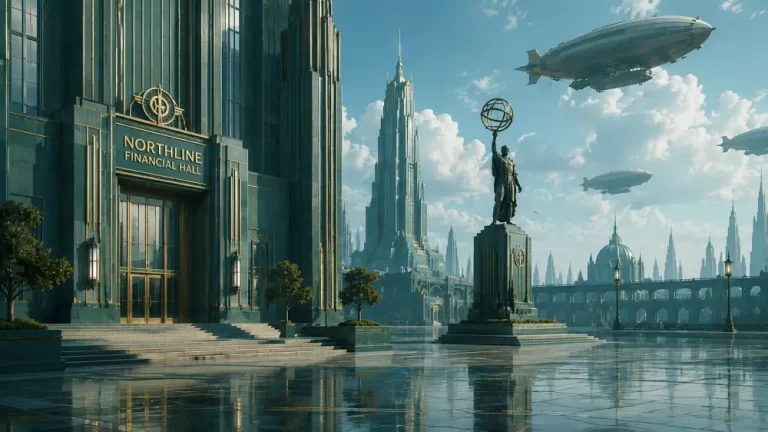 An art deco style dieselpunk financial hall next to a grand plaza with an atlas monument and massive zeppelins flying over the cityscape.