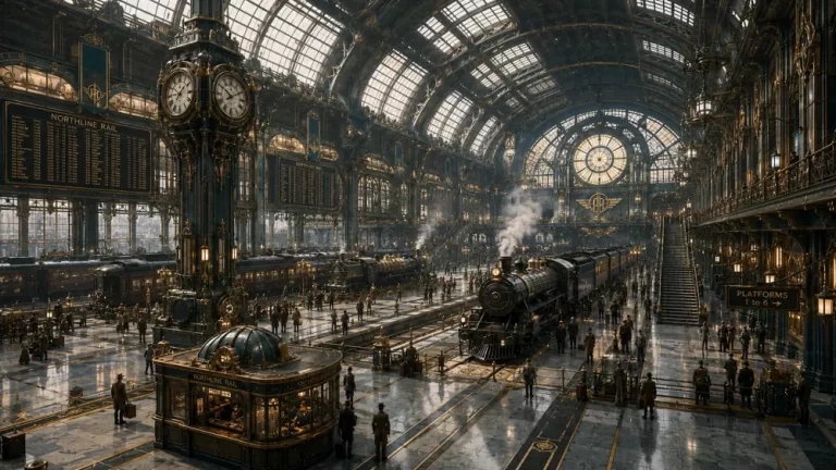 A magnificent dieselpunk train station with a massive glass vaulted ceiling, large clocks, steam locomotives, and crowded platforms.