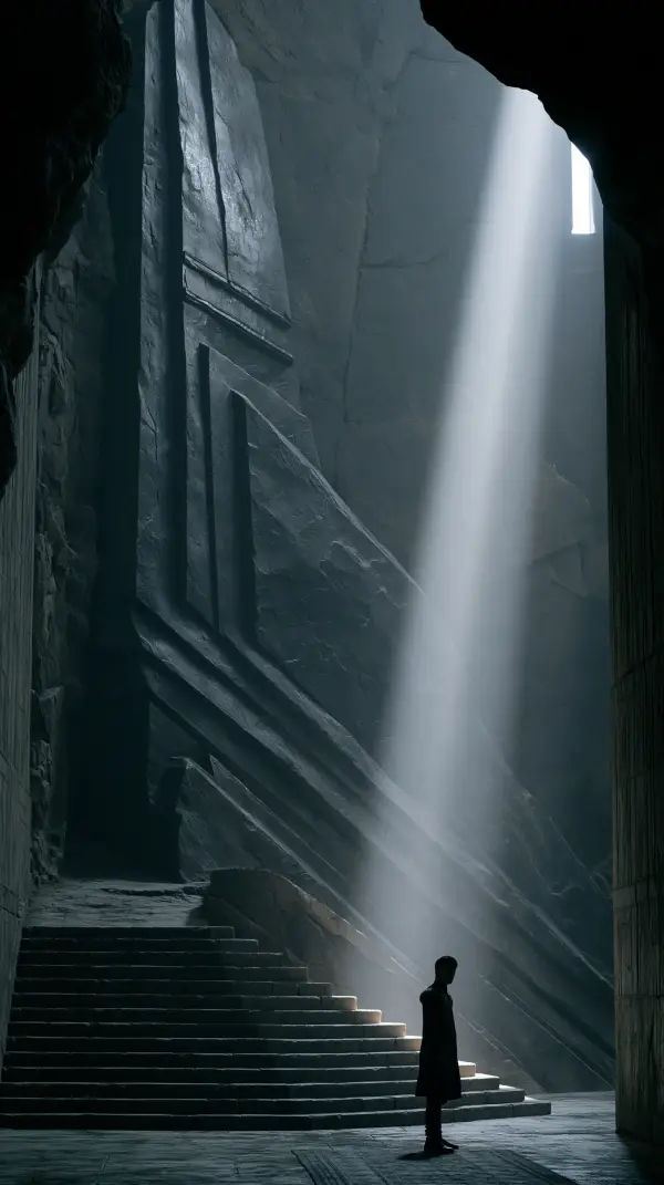 A lone figure stands beneath towering obsidian walls as a shaft of light illuminates the vast throne room carved into ancient stone.