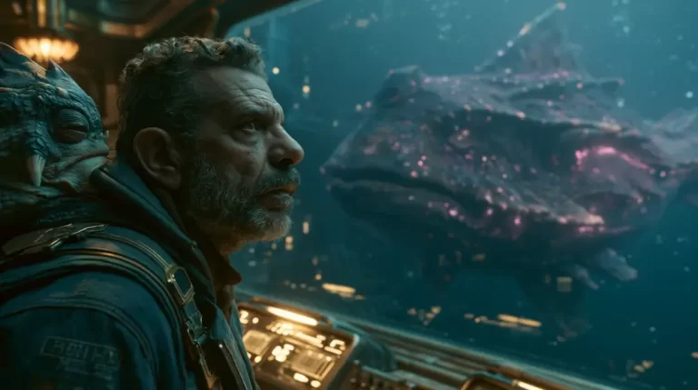 A bearded man inside a high-tech submarine looking out the window at a giant, glowing deep-sea monster.