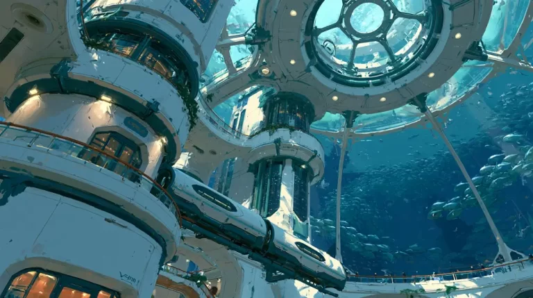 Interior of a high-tech white underwater research station with glass domes looking out at a school of fish.
