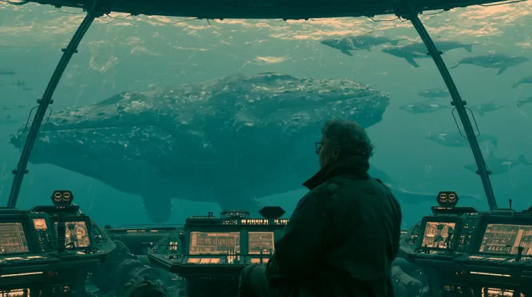 A submarine captain inside a control room looks through a huge window at a massive whale and marine life.
