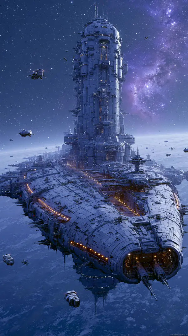 A colossal orbital space station with towering structures floats above a giant exoplanet while transport spacecraft patrol the surrounding space.