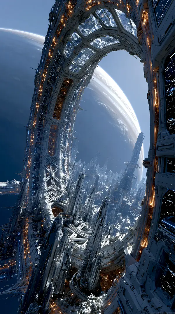 A colossal orbital ring city surrounds a giant planet with towering futuristic structures and interconnected space habitats.
