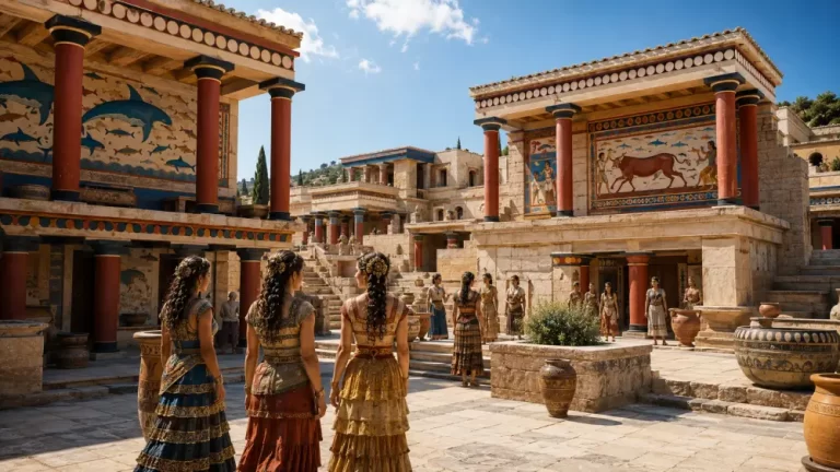 Palace of Knossos during the Minoan civilization with painted columns, frescoes, courtyards, gardens, and people in ceremonial dress.