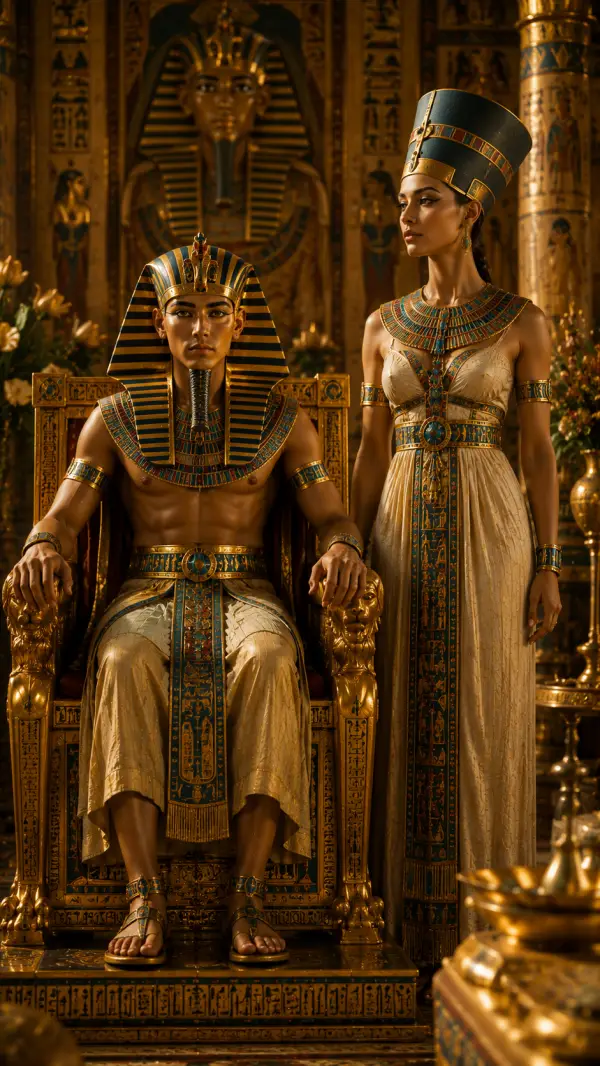 Pharaoh Tutankhamun sits on his golden throne beside Queen Ankhesenamun inside an ornate royal chamber decorated with Egyptian symbols.