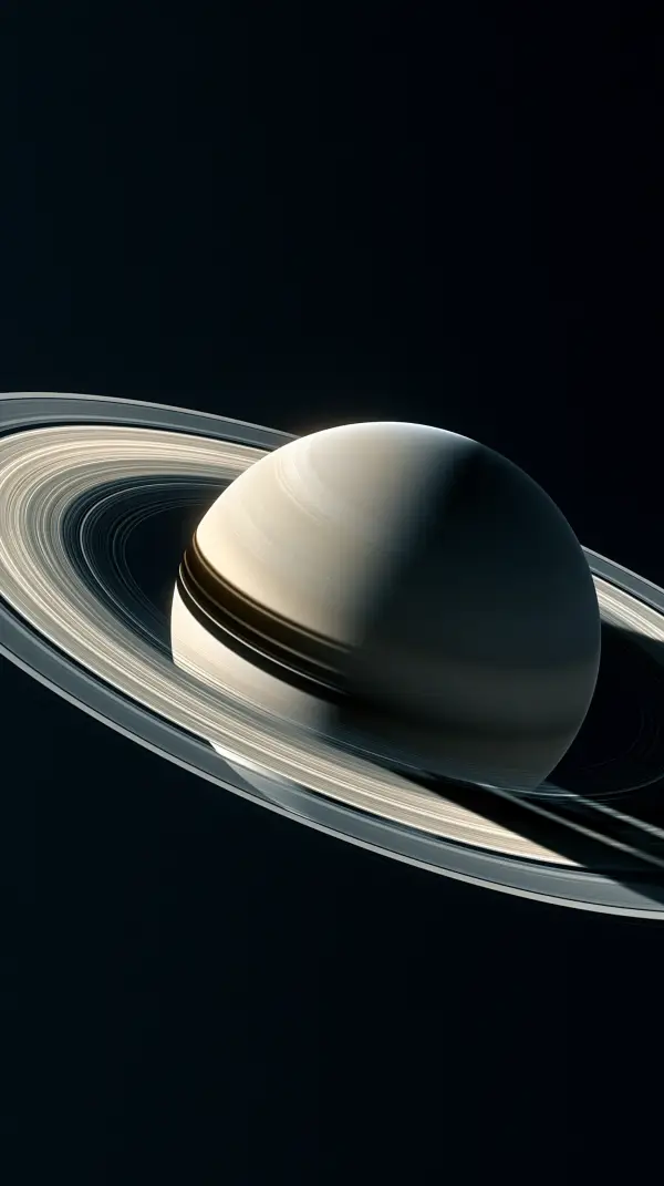 A close-up view of Saturn highlighting its magnificent rings casting dramatic shadows across the planet's pale atmosphere.