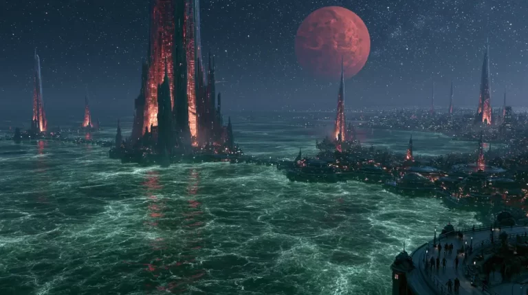 A futuristic planetary city built along a green bioluminescent sea with towering dark spires glowing with internal orange light under a starry night sky and a large red moon