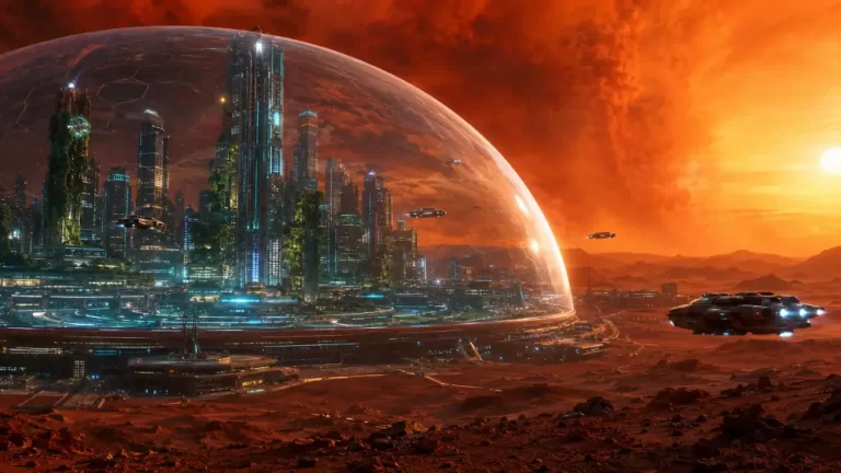 A futuristic city enclosed in a massive transparent glass dome on a red desert planet surface with spaceships flying outside under a bright sun