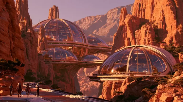 Futuristic glass biosphere domes built on high metal platforms inside a deep rocky desert canyon with explorers walking along an illuminated pathway