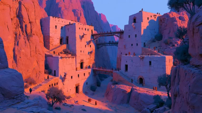 A futuristic desert canyon outpost built into steep rocky cliffs with stone buildings connected by multi-level footbridges under warm sunlight