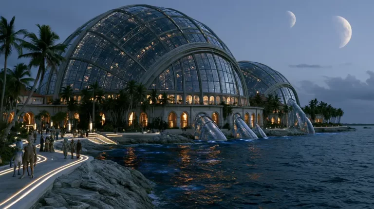 Massive glass biosphere domes illuminated on a rocky alien coastline next to the sea with alien citizens walking under twin crescent moons