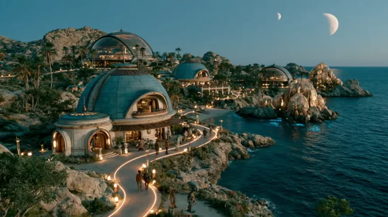 A futuristic coastal settlement with large domed buildings and illuminated pathways on a rocky coastline next to a dark blue sea under two crescent moons