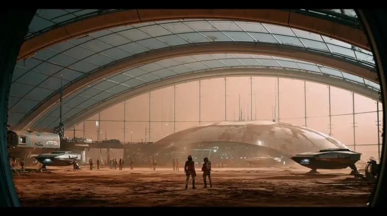 Two explorers standing inside a massive arched hangar on a red desert planet surface looking at parked spacecrafts and a large dome structure